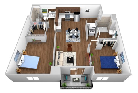 Floor plan for 2 beds, 2 baths, 940 sqft